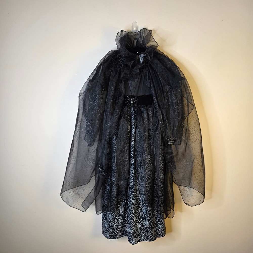 Pottery Barn Witch Costume Girls 7/8 Small Black Spiders Sparkle Dress Up No Hat - Picture 2 of 12